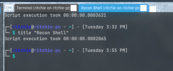 A screenshot of the terminal's new title command being used to rename a tab to Recon Shell