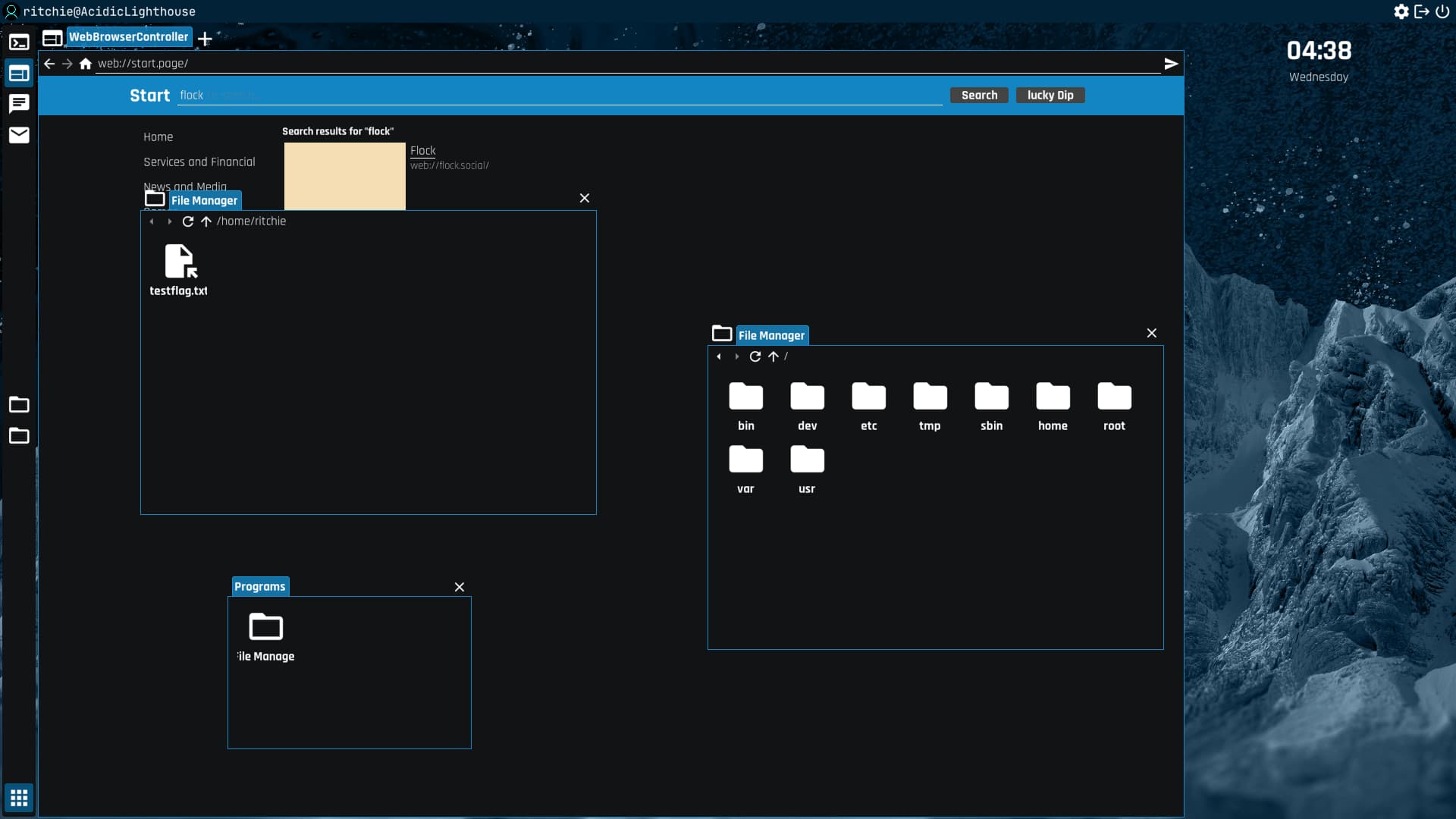 Screenshot of two file managers and an application launcher window