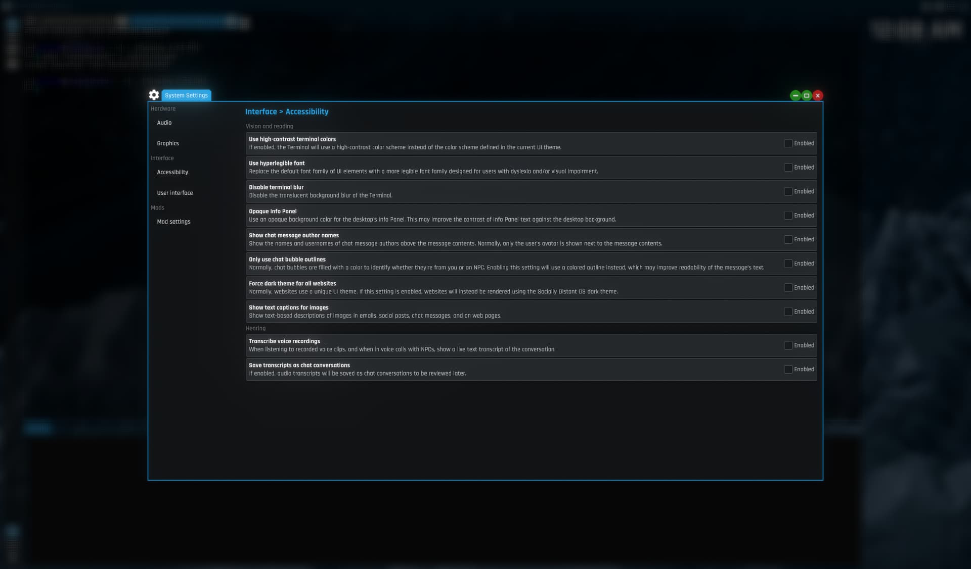 Screenshot of System Settings with a Blur Panel for its background overlay